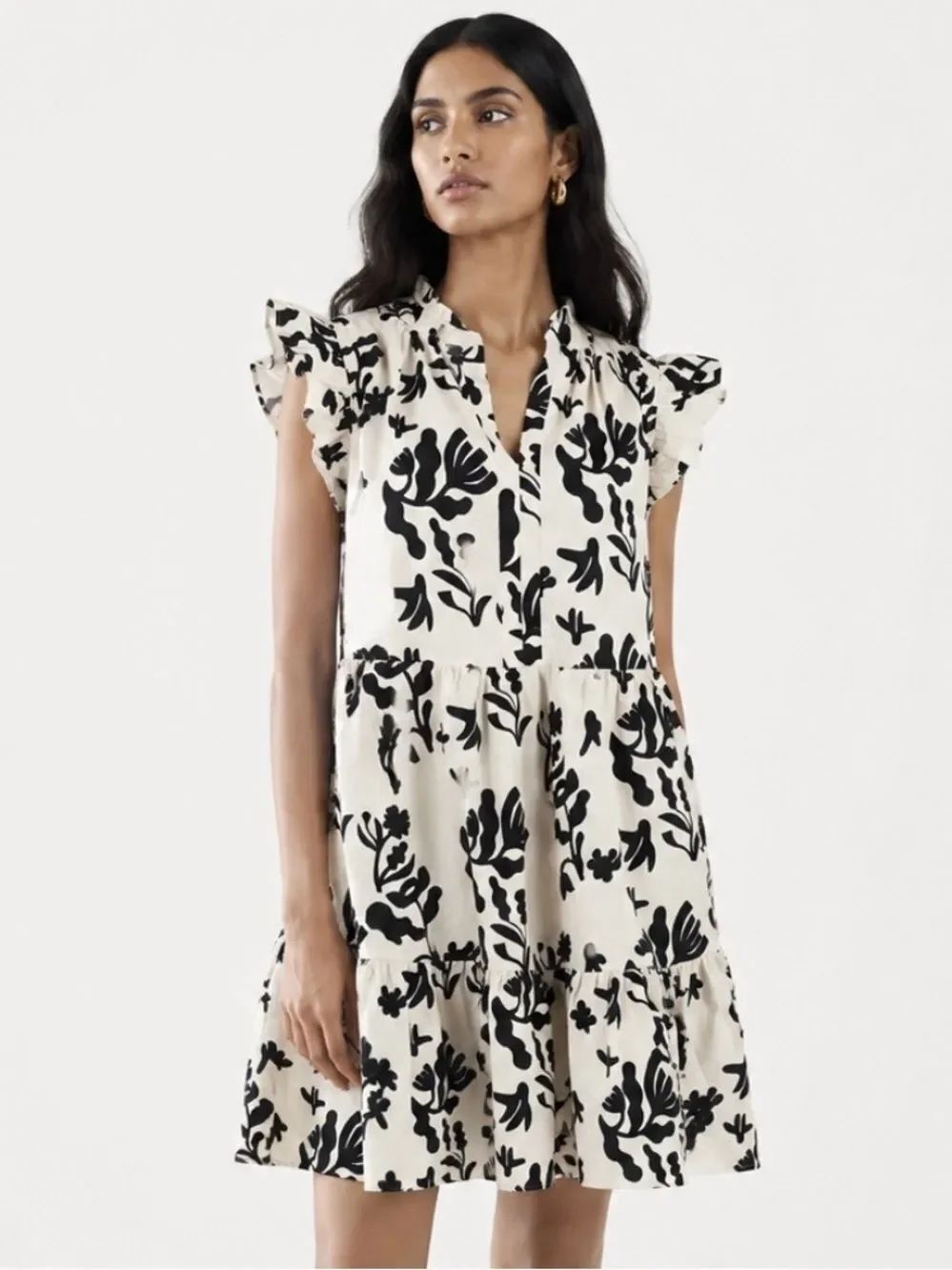 AVARA Ivory and Black Floral 100% Cotton Ruffle-Sleeve Dress Size Medium